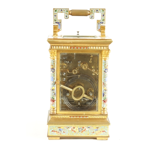 1130 - A FINE LATE 19TH CENTURY FRENCH GILT BRASS AND CHAMPLEVE ENAMEL REPEATING CARRIAGE CLOCK AND ALARM t... 