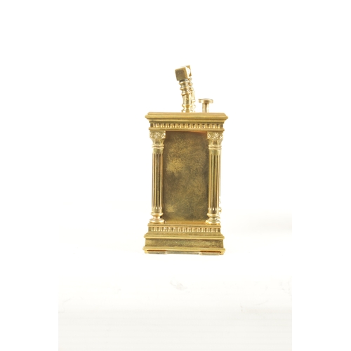 1132 - A RARE EARLY 20TH CENTURY MINUTE REPEATING MINIATURE CARRIAGE CLOCK the brass case having reeded cor... 