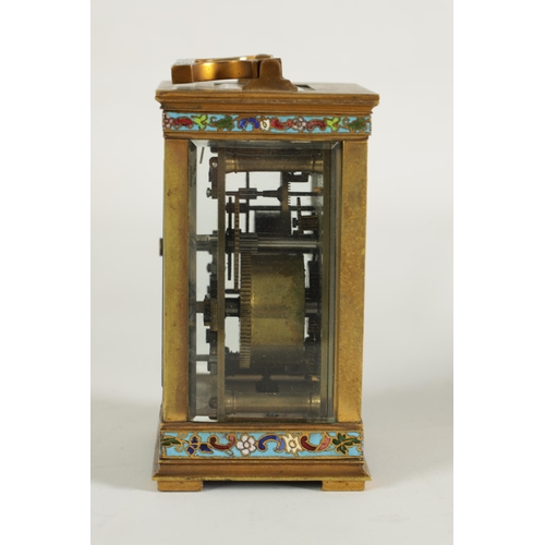 1143 - A LATE 19TH CENTURY CHAMPLEVE ENAMEL AND BRASS CASED TIMEPIECE CARRIAGE CLOCK with masked enamel and... 