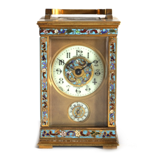 1143 - A LATE 19TH CENTURY CHAMPLEVE ENAMEL AND BRASS CASED TIMEPIECE CARRIAGE CLOCK with masked enamel and... 