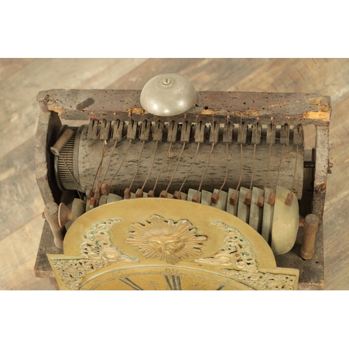 1145 - AN 18TH CENTURY BLACK FOREST MUSICAL CLOCK MOVEMENT mounted on an English 30hr brass dial, having a ... 