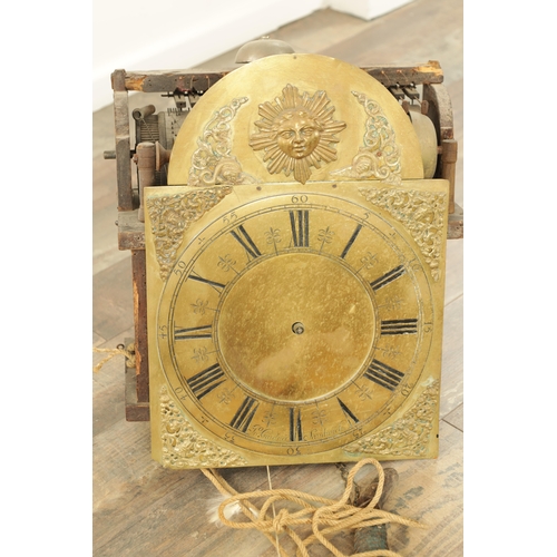 1145 - AN 18TH CENTURY BLACK FOREST MUSICAL CLOCK MOVEMENT mounted on an English 30hr brass dial, having a ... 