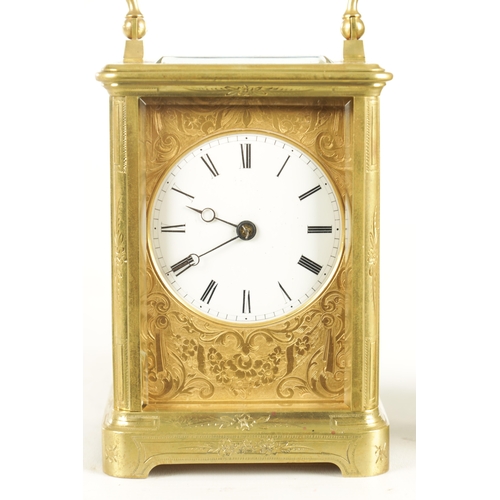 1151 - A 19TH CENTURY FRENCH ENGRAVED CASE STRIKING CARRIAGE CLOCK the floral engraved brass case with beve... 