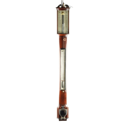 1153 - GILL & CO. LONDON. A LATE GEORGIAN FIGURED MAHOGANY BOW FRONTED STICK BAROMETER, with swan neck pedi... 