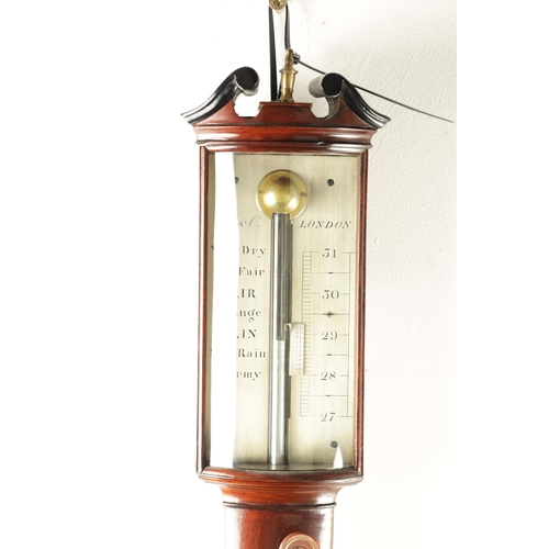 1153 - GILL & CO. LONDON. A LATE GEORGIAN FIGURED MAHOGANY BOW FRONTED STICK BAROMETER, with swan neck pedi... 