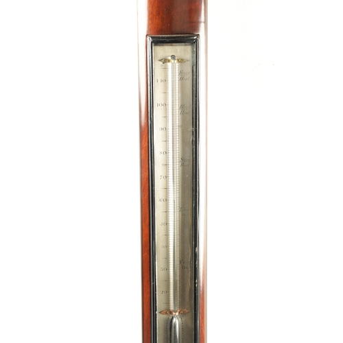 1153 - GILL & CO. LONDON. A LATE GEORGIAN FIGURED MAHOGANY BOW FRONTED STICK BAROMETER, with swan neck pedi... 