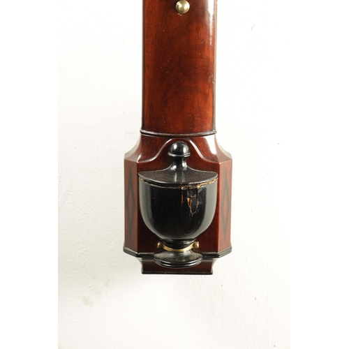 1153 - GILL & CO. LONDON. A LATE GEORGIAN FIGURED MAHOGANY BOW FRONTED STICK BAROMETER, with swan neck pedi... 