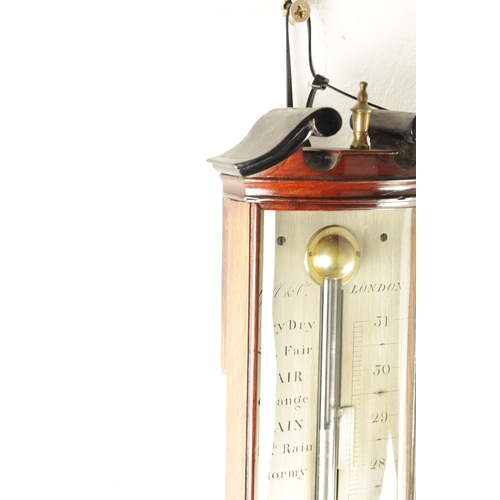 1153 - GILL & CO. LONDON. A LATE GEORGIAN FIGURED MAHOGANY BOW FRONTED STICK BAROMETER, with swan neck pedi... 