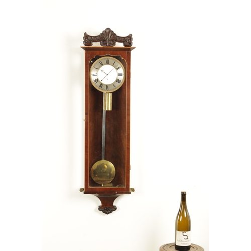 1155 - AN EARLY VIENNA REGULATOR WALL CLOCK WITH SILK SUSPENSION, the glazed mahogany case with boxwood str... 