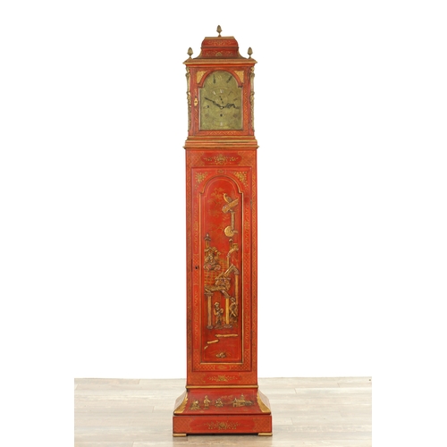 1157 - JOHN MONKHOUSE LONDON. AN UNUSUAL GEORGE III SCARLET LACQUERED WEIGHT DRIVEN THREE TRAIN LONGCASE CL... 