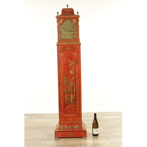 1157 - JOHN MONKHOUSE LONDON. AN UNUSUAL GEORGE III SCARLET LACQUERED WEIGHT DRIVEN THREE TRAIN LONGCASE CL... 