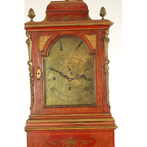 1157 - JOHN MONKHOUSE LONDON. AN UNUSUAL GEORGE III SCARLET LACQUERED WEIGHT DRIVEN THREE TRAIN LONGCASE CL... 