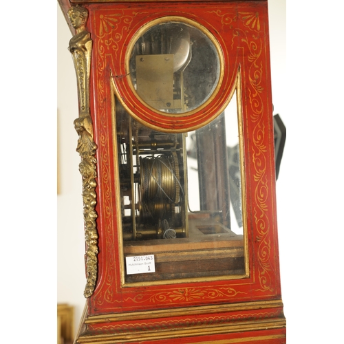 1157 - JOHN MONKHOUSE LONDON. AN UNUSUAL GEORGE III SCARLET LACQUERED WEIGHT DRIVEN THREE TRAIN LONGCASE CL... 