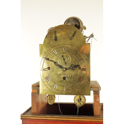 1157 - JOHN MONKHOUSE LONDON. AN UNUSUAL GEORGE III SCARLET LACQUERED WEIGHT DRIVEN THREE TRAIN LONGCASE CL... 