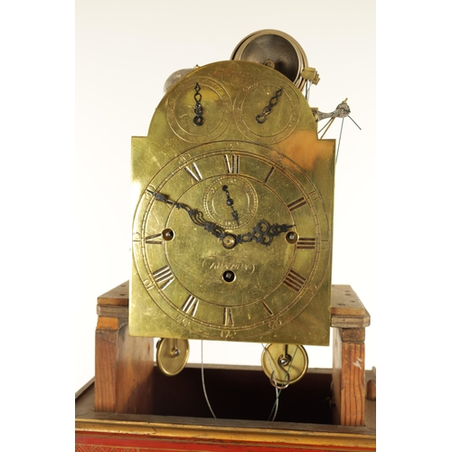 1157 - JOHN MONKHOUSE LONDON. AN UNUSUAL GEORGE III SCARLET LACQUERED WEIGHT DRIVEN THREE TRAIN LONGCASE CL... 