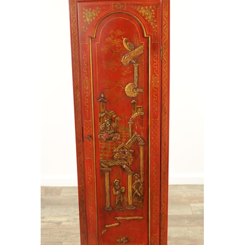 1157 - JOHN MONKHOUSE LONDON. AN UNUSUAL GEORGE III SCARLET LACQUERED WEIGHT DRIVEN THREE TRAIN LONGCASE CL... 