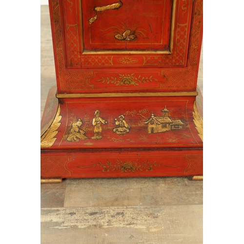 1157 - JOHN MONKHOUSE LONDON. AN UNUSUAL GEORGE III SCARLET LACQUERED WEIGHT DRIVEN THREE TRAIN LONGCASE CL... 