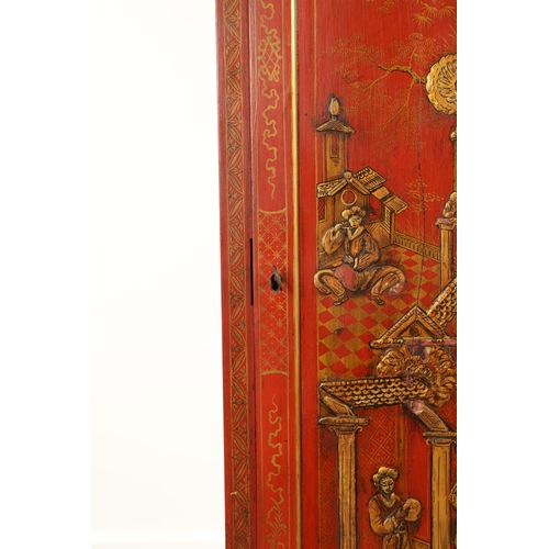 1157 - JOHN MONKHOUSE LONDON. AN UNUSUAL GEORGE III SCARLET LACQUERED WEIGHT DRIVEN THREE TRAIN LONGCASE CL... 