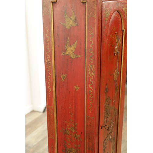 1157 - JOHN MONKHOUSE LONDON. AN UNUSUAL GEORGE III SCARLET LACQUERED WEIGHT DRIVEN THREE TRAIN LONGCASE CL... 