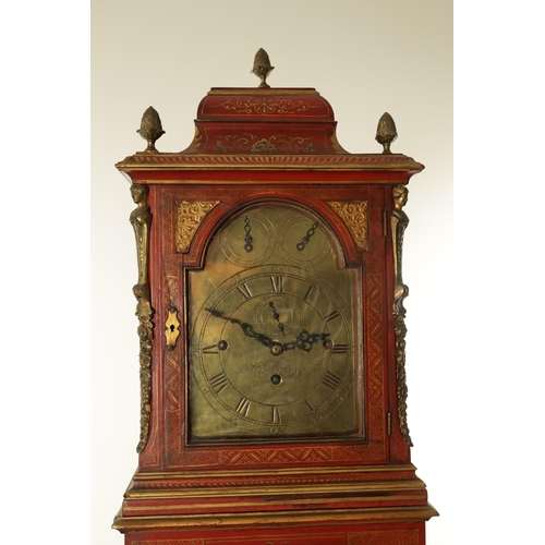 1157 - JOHN MONKHOUSE LONDON. AN UNUSUAL GEORGE III SCARLET LACQUERED WEIGHT DRIVEN THREE TRAIN LONGCASE CL... 