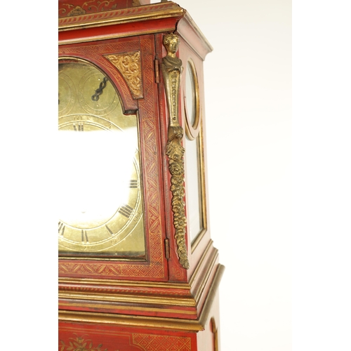 1157 - JOHN MONKHOUSE LONDON. AN UNUSUAL GEORGE III SCARLET LACQUERED WEIGHT DRIVEN THREE TRAIN LONGCASE CL... 