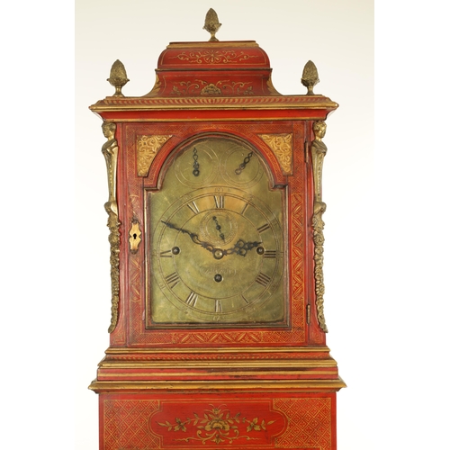 1157 - JOHN MONKHOUSE LONDON. AN UNUSUAL GEORGE III SCARLET LACQUERED WEIGHT DRIVEN THREE TRAIN LONGCASE CL... 