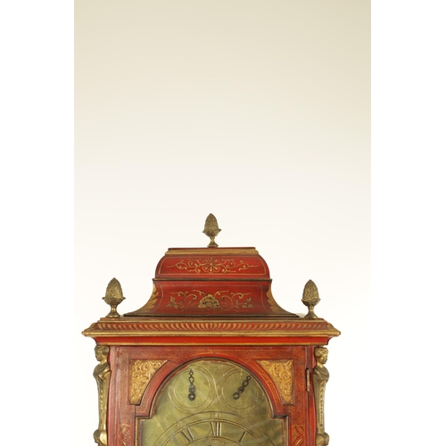 1157 - JOHN MONKHOUSE LONDON. AN UNUSUAL GEORGE III SCARLET LACQUERED WEIGHT DRIVEN THREE TRAIN LONGCASE CL... 