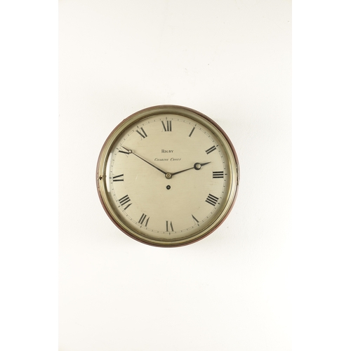 1158 - RIGBY, CHARING CROSS. A GEORGE III MAHOGANY 12” CONVEX WOODEN DIAL CLOCK with concave cast brass loc... 