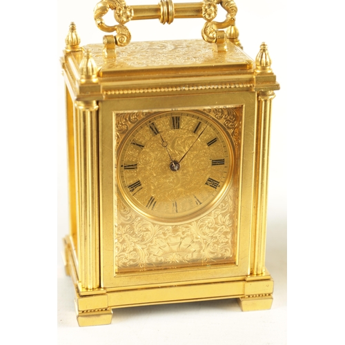 1162 - A SMALL MID 19TH CENTURY ENGLISH FUSEE GILT BRASS CARRIAGE CLOCK the good quality case fully engrave... 