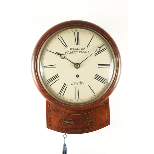 1167 - HESSELTON, MARKET PLACE, BEVERLEY. A 19TH CENTURY AND LATER 9” MAHOGANY FUSEE DROP DIAL WALL CLOCK w... 