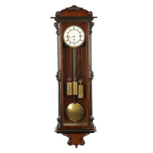 1168 - A 19TH CENTURY BIEDERMEIER VIENNA GRAND SONNERIE REGULATOR WALL CLOCK, having a slender glazed rosew... 