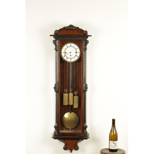 1168 - A 19TH CENTURY BIEDERMEIER VIENNA GRAND SONNERIE REGULATOR WALL CLOCK, having a slender glazed rosew... 