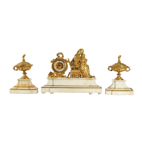 1169 - A LARGE 19TH CENTURY FRENCH WHITE MARBLE AND ORMOLU MOUNTED THREE PIECE CLOCK GARNITURE the figural ... 