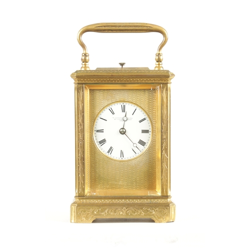 1170 - A 19TH CENTURY FRENCH ENGRAVED REPEATING CARRIAGE CLOCK the scroll engraved brass case with bevelled... 