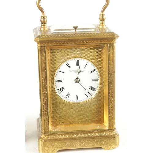 1170 - A 19TH CENTURY FRENCH ENGRAVED REPEATING CARRIAGE CLOCK the scroll engraved brass case with bevelled... 