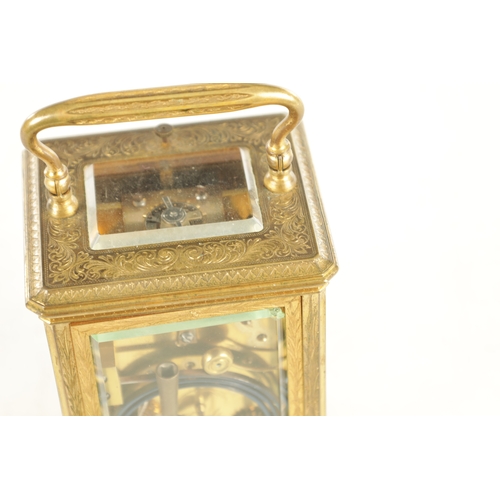 1170 - A 19TH CENTURY FRENCH ENGRAVED REPEATING CARRIAGE CLOCK the scroll engraved brass case with bevelled... 