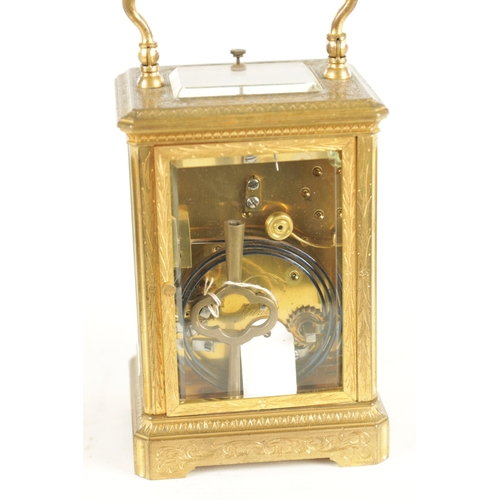 1170 - A 19TH CENTURY FRENCH ENGRAVED REPEATING CARRIAGE CLOCK the scroll engraved brass case with bevelled... 