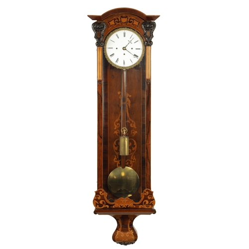 1176 - A 19TH CENTURY INLAID BIEDERMEIER GRAND SONNERIE VIENNA REGULATOR WALL CLOCK, the unusual glazed ros... 