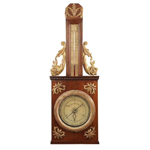 1178 - A LATE 18TH CENTURY SWISS WALNUT BAROMETER with applied gilt mounts and calibrated barometer and the... 