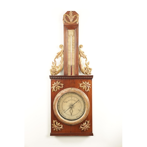 1178 - A LATE 18TH CENTURY SWISS WALNUT BAROMETER with applied gilt mounts and calibrated barometer and the... 