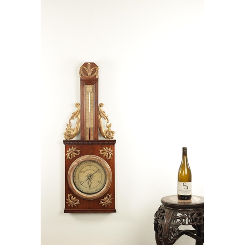 1178 - A LATE 18TH CENTURY SWISS WALNUT BAROMETER with applied gilt mounts and calibrated barometer and the... 