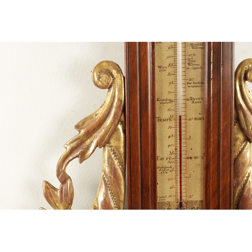 1178 - A LATE 18TH CENTURY SWISS WALNUT BAROMETER with applied gilt mounts and calibrated barometer and the... 