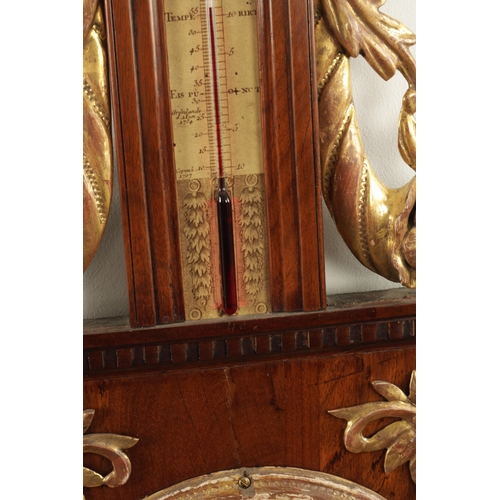 1178 - A LATE 18TH CENTURY SWISS WALNUT BAROMETER with applied gilt mounts and calibrated barometer and the... 