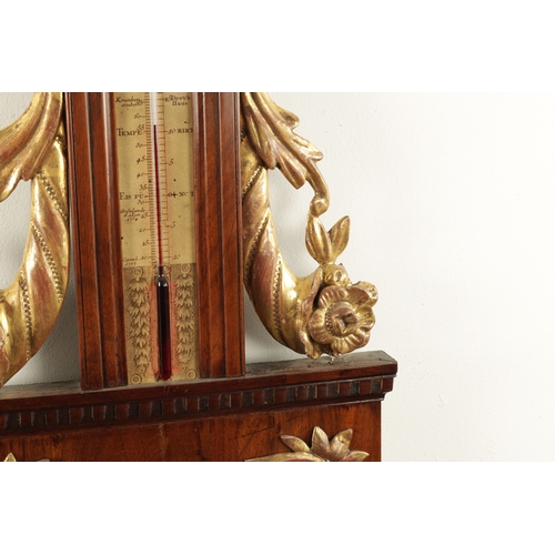 1178 - A LATE 18TH CENTURY SWISS WALNUT BAROMETER with applied gilt mounts and calibrated barometer and the... 