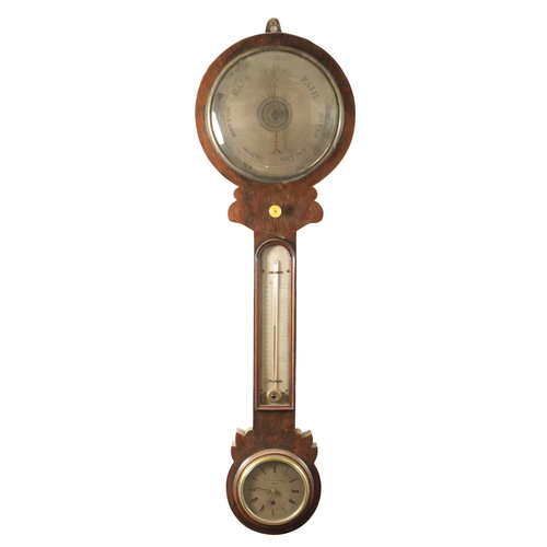 1182 - A FIGURED MAHOGANY CLOCK BAROMETER SIGNED NEGRETTI & ZAMBRA, the silvered calibrated barometer dial ... 