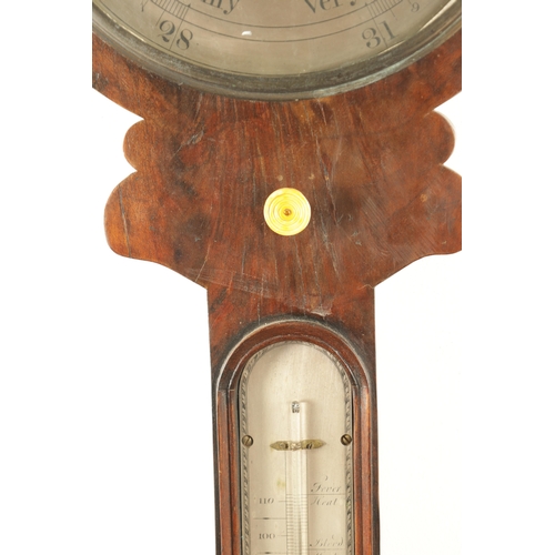 1182 - A FIGURED MAHOGANY CLOCK BAROMETER SIGNED NEGRETTI & ZAMBRA, the silvered calibrated barometer dial ... 