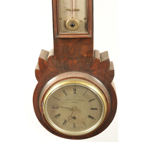 1182 - A FIGURED MAHOGANY CLOCK BAROMETER SIGNED NEGRETTI & ZAMBRA, the silvered calibrated barometer dial ... 