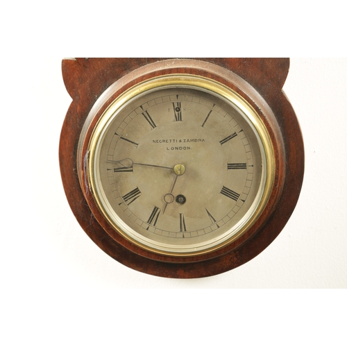 1182 - A FIGURED MAHOGANY CLOCK BAROMETER SIGNED NEGRETTI & ZAMBRA, the silvered calibrated barometer dial ... 