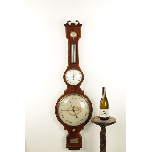 1184 - A. BARNASCHINA, GRAVESEND. A LARGE REGENCY FIGURED MAHOGANY BAROMETER WITH EIGHT DAY FUSEE CLOCK, th... 