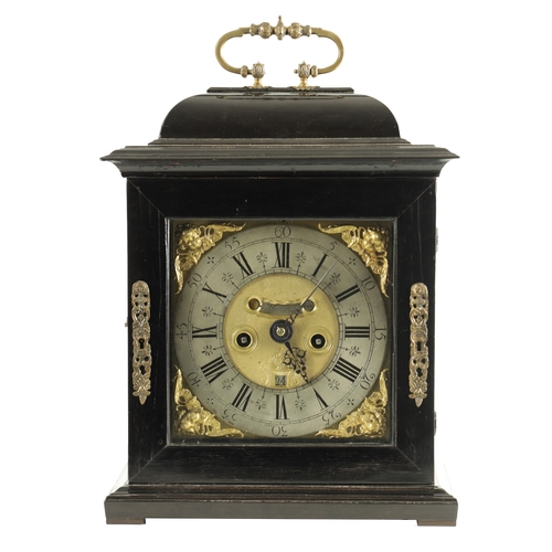 1187 - THOMAS MARTIN. LONDON. A WILLIAM AND MARY EBONY VENEERED QUARTER REPEATING BRACKET CLOCK, the caddy ... 